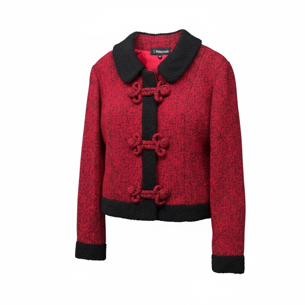 J. Peterman Jacket Womens 20 Red Boucle Wool Blend Frog Closure Cropped